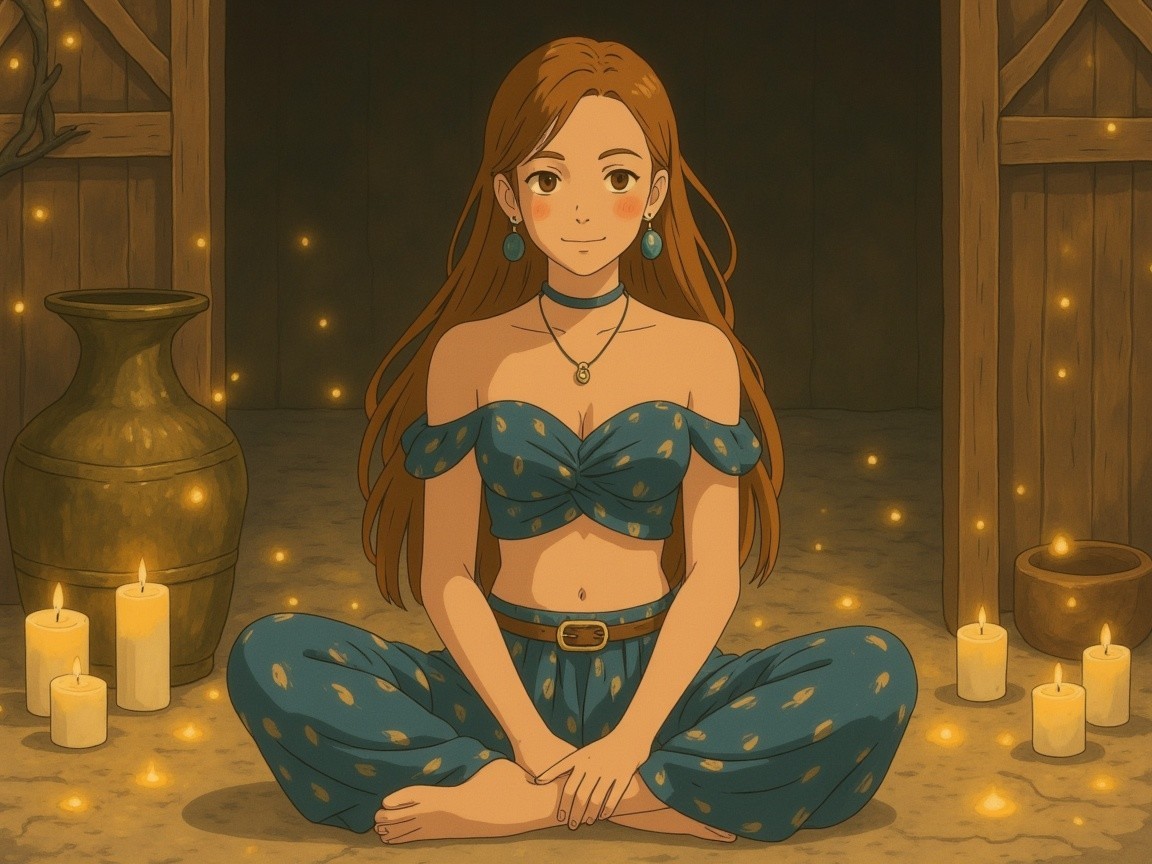 Serene Young Woman in Cozy Candlelit Space