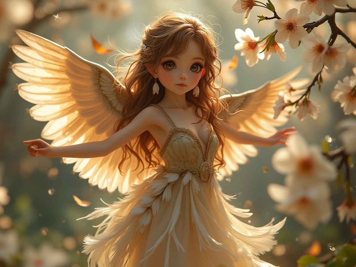 Whimsical Fairy Among Cherry Blossoms and Sunlight