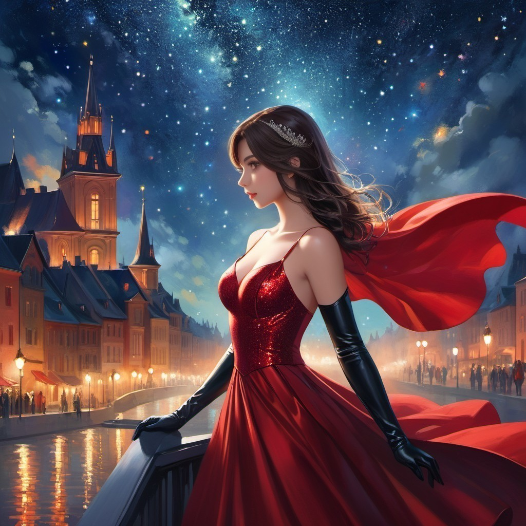 Elegant Woman in Red Gown by Shimmering Canal