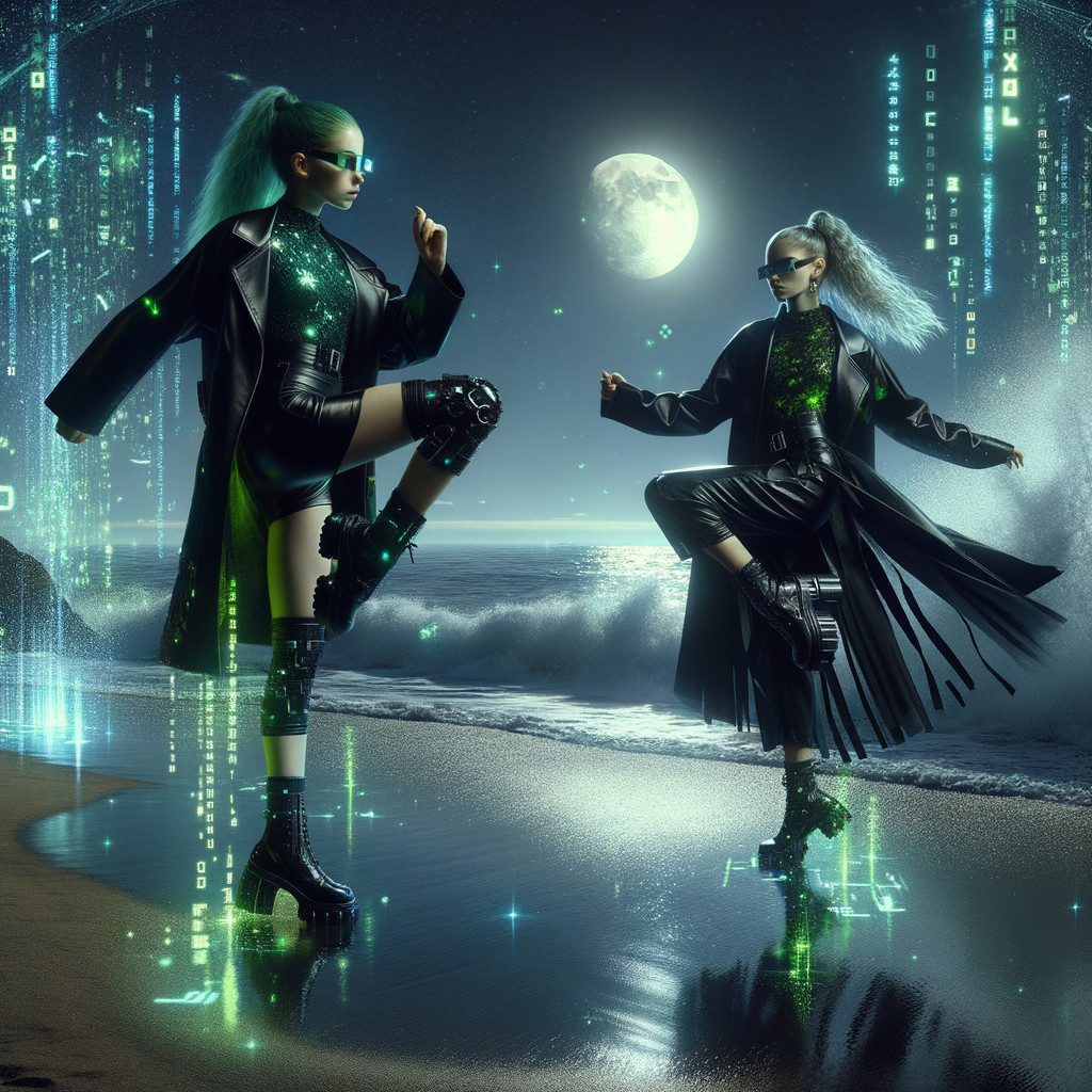 Futuristic Figures on a Moonlit Beach with Data Streams