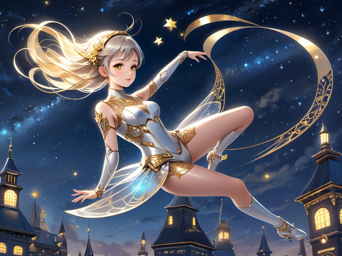 Ethereal Character in Starry Night Sky with Cityscape