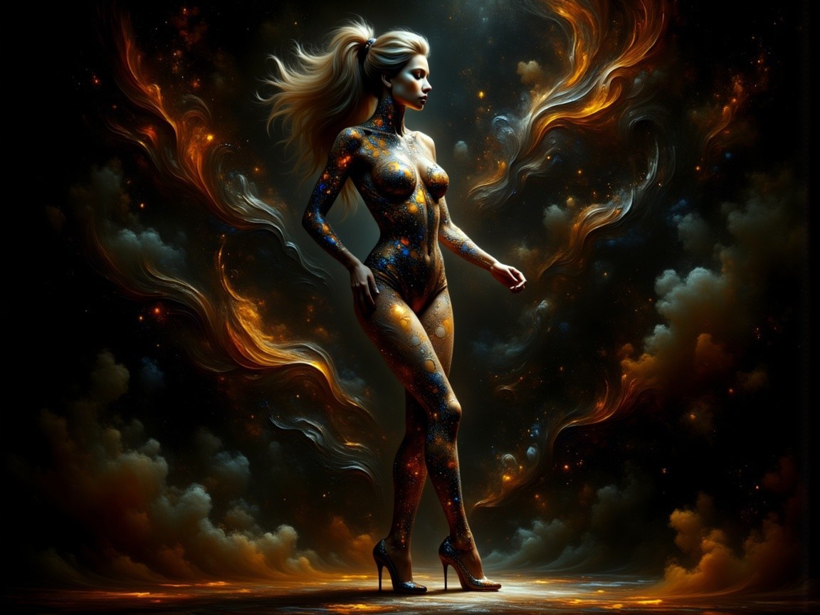 Ethereal Woman with Cosmic Body Art in Starry Backdrop