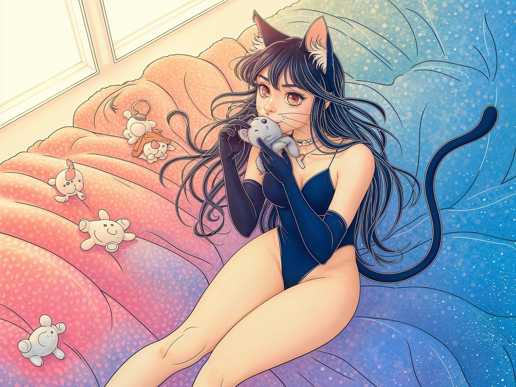 Girl with Cat Ears on Colorful Bed with Plush Toys