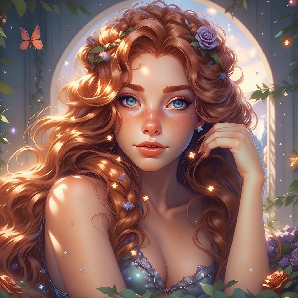 Woman with Curly Hair, Flowers, and Butterflies Illustration