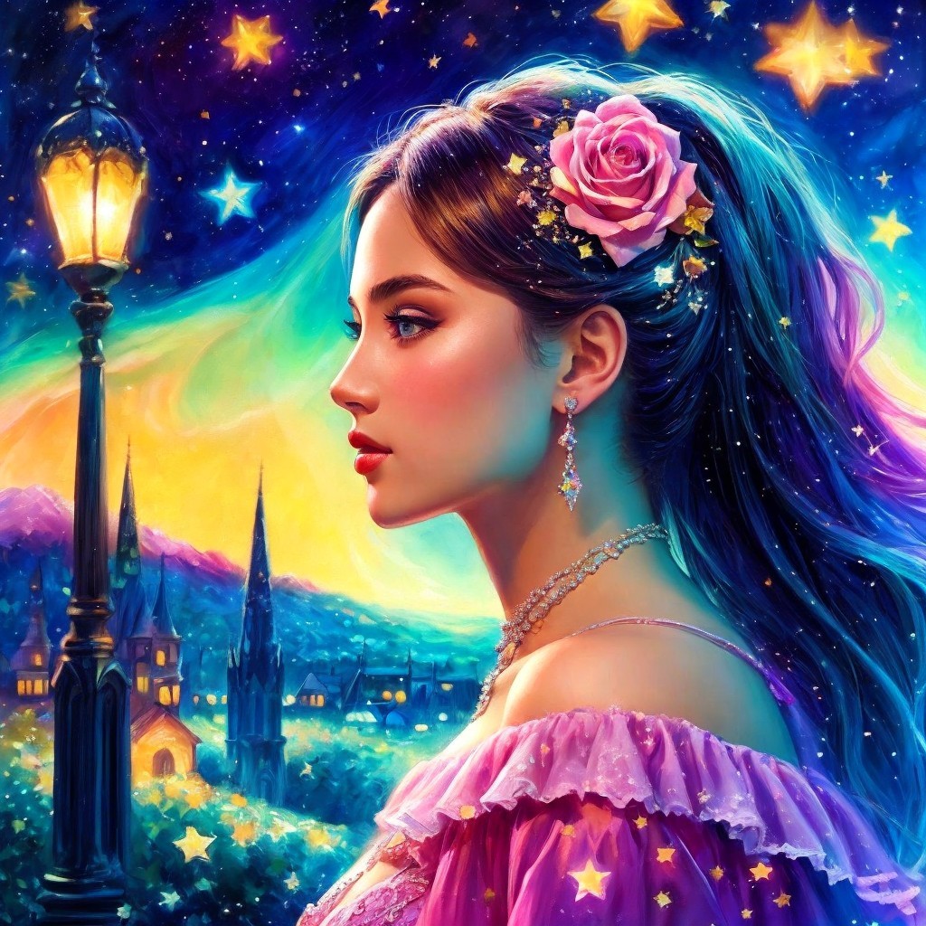 Portrait of a Young Woman with Pink Rose and Starry Sky