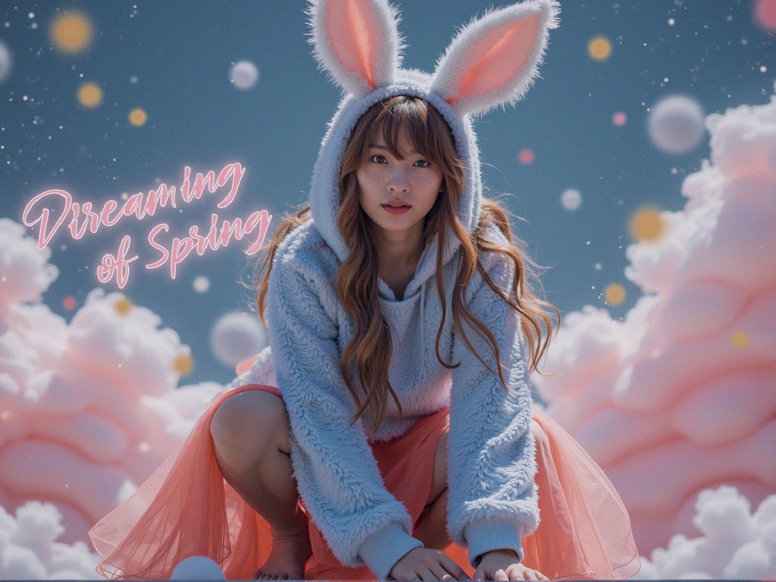 Young woman in bunny hoodie in whimsical setting