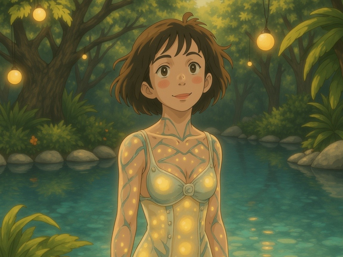 Young girl in a magical forest by a blue pond