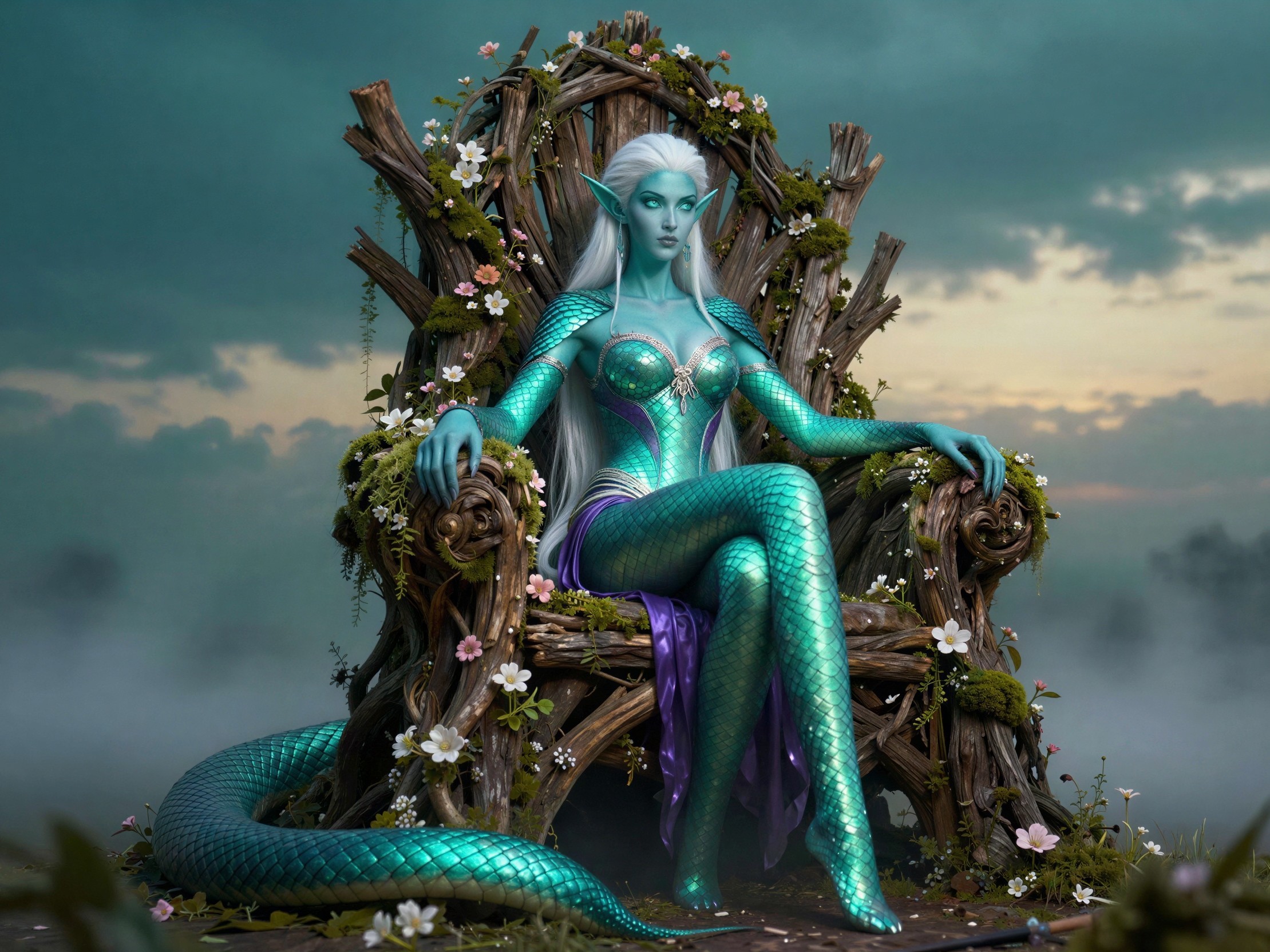 Regal Snake Woman on Throne Surrounded by Nature