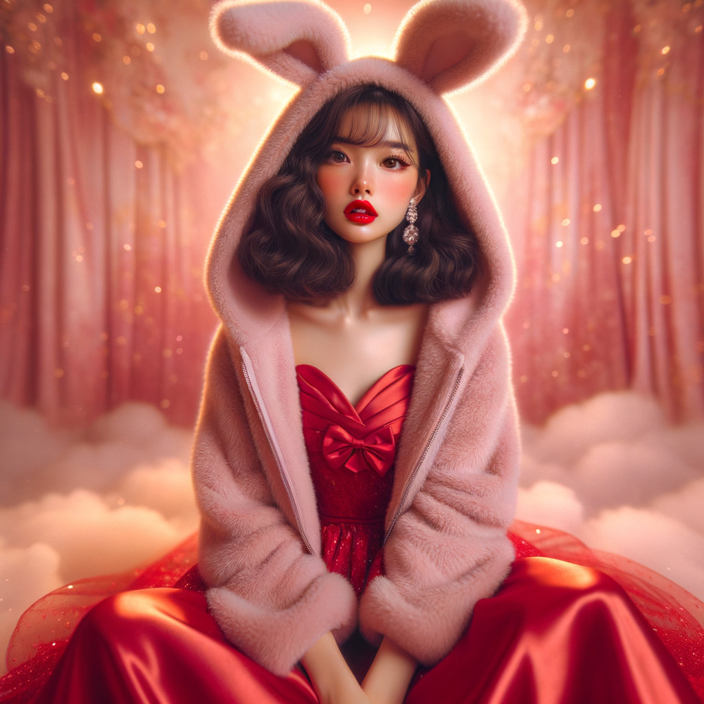Whimsical Scene of Woman in Bunny-Eared Jacket