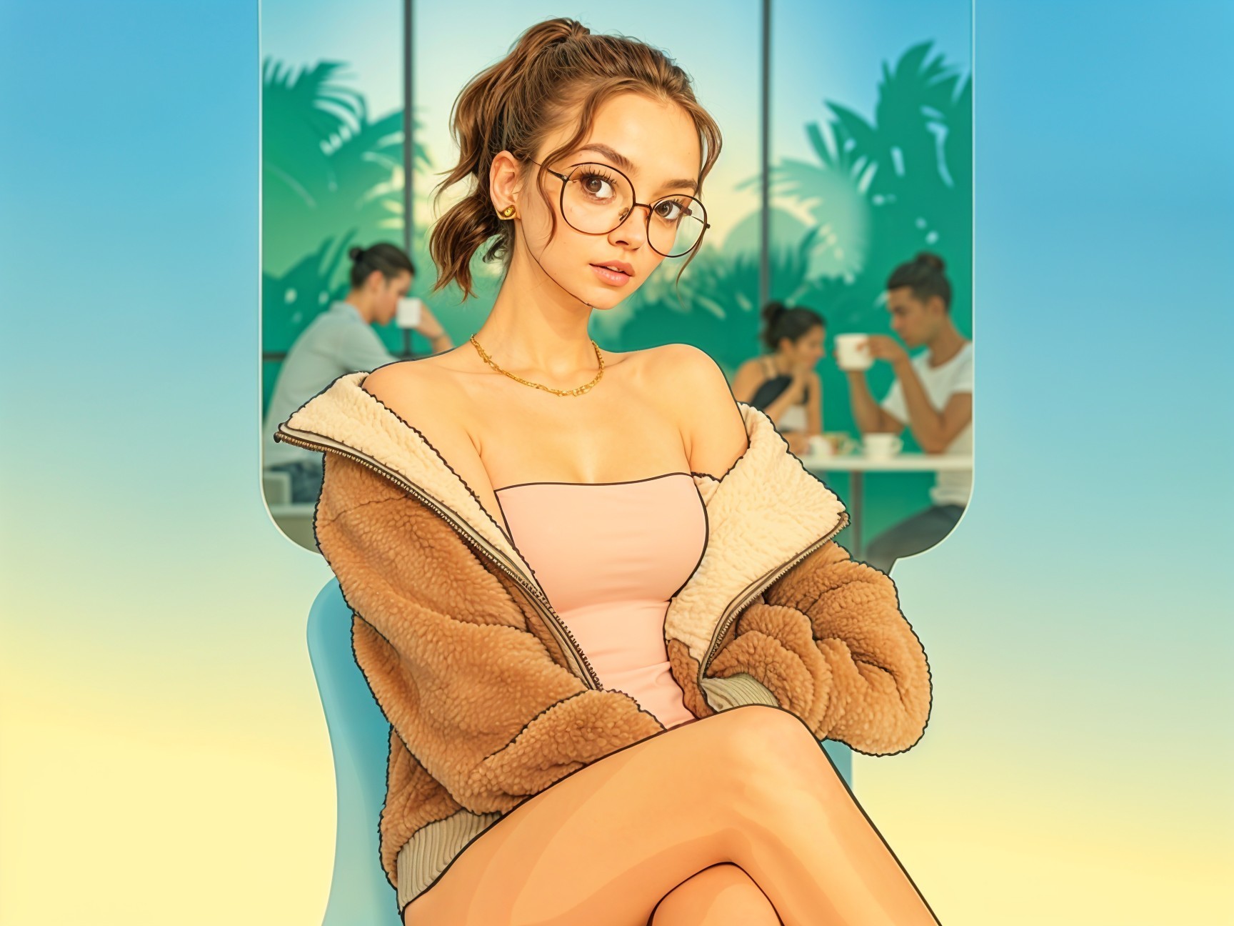 Young Woman in Cozy Brown Jacket in Tropical Setting