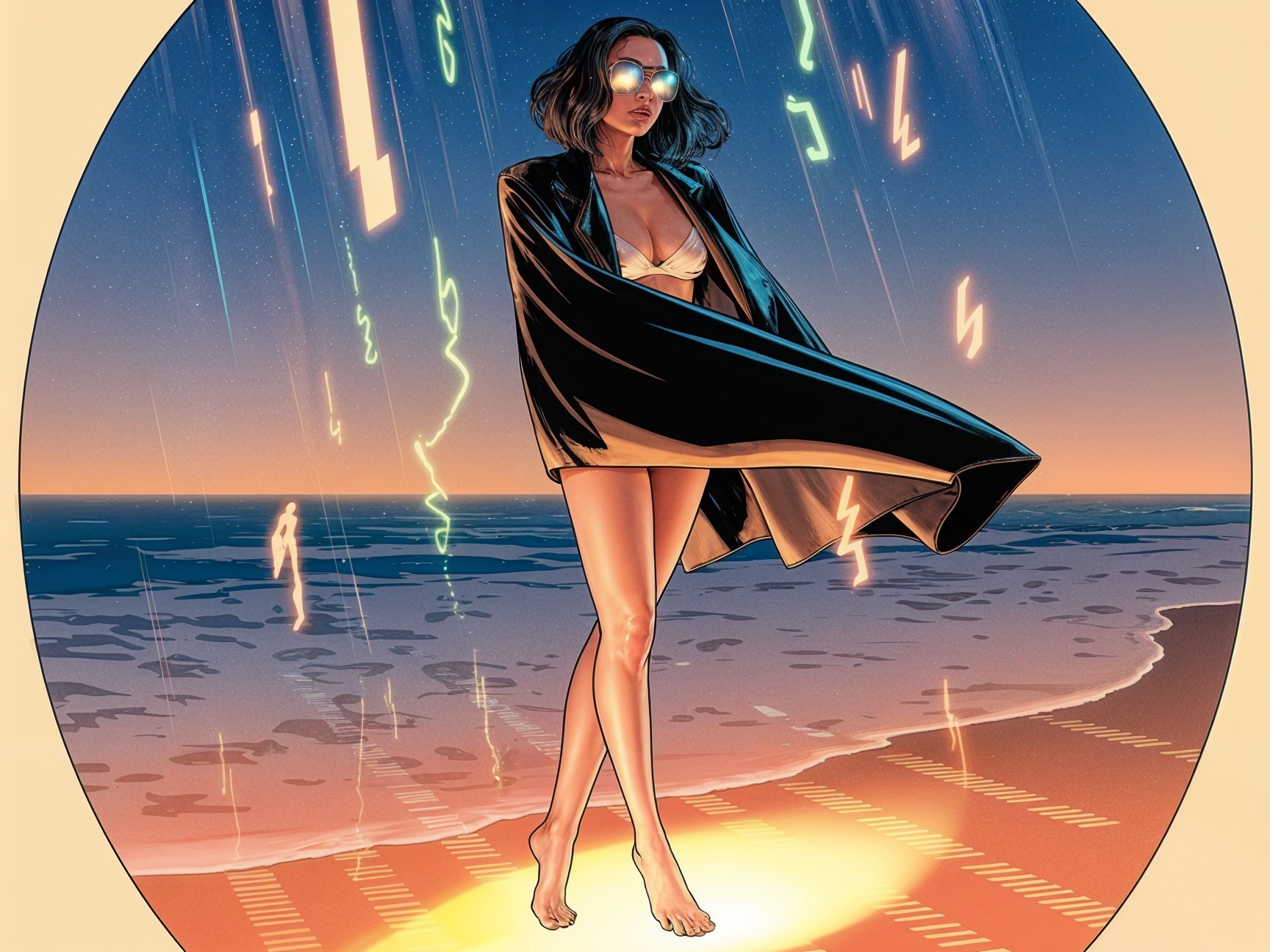 Lone Figure by Shore at Dusk with Futuristic Elements