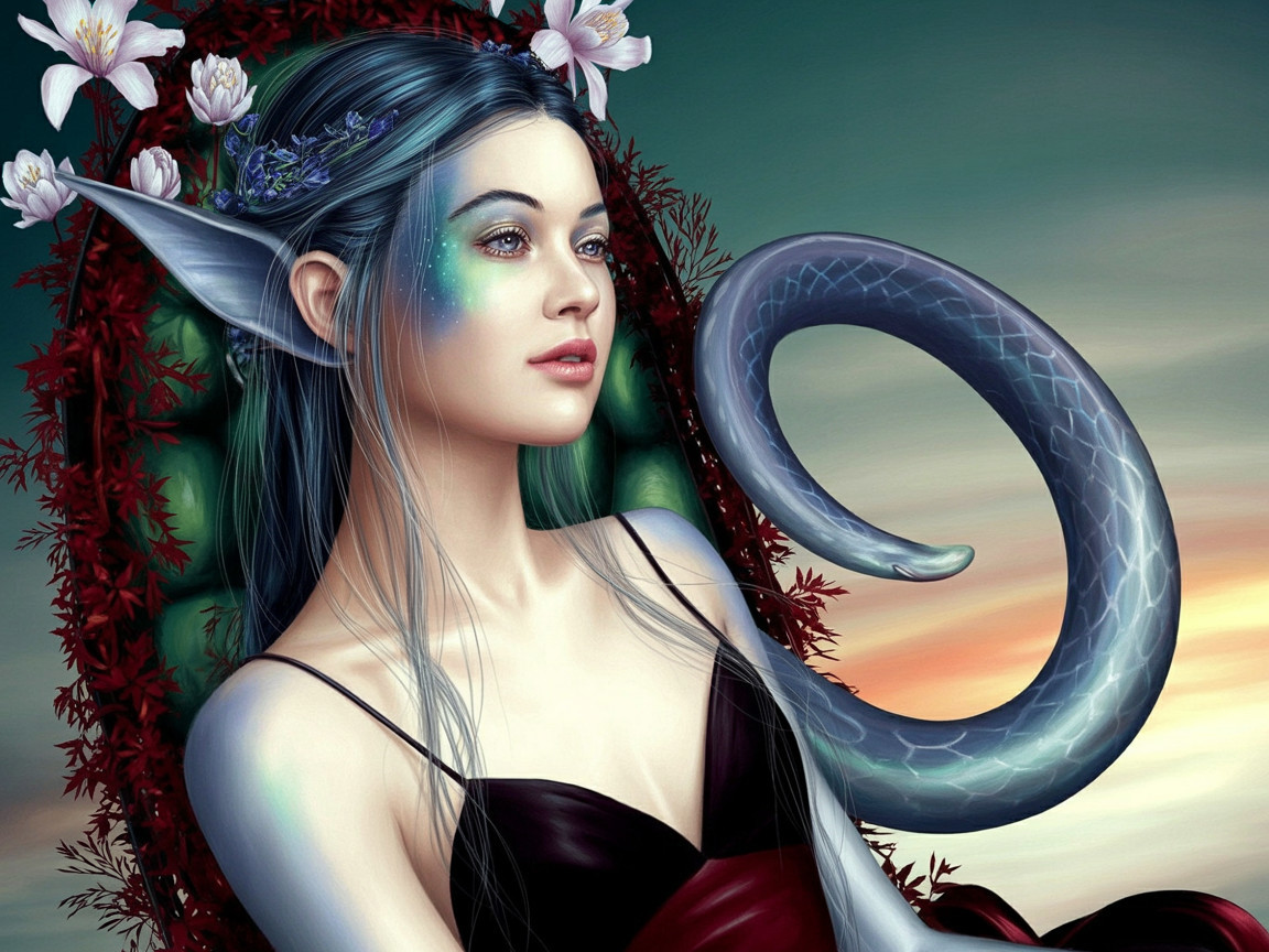 Mystical figure with serpent tail in sunset scene