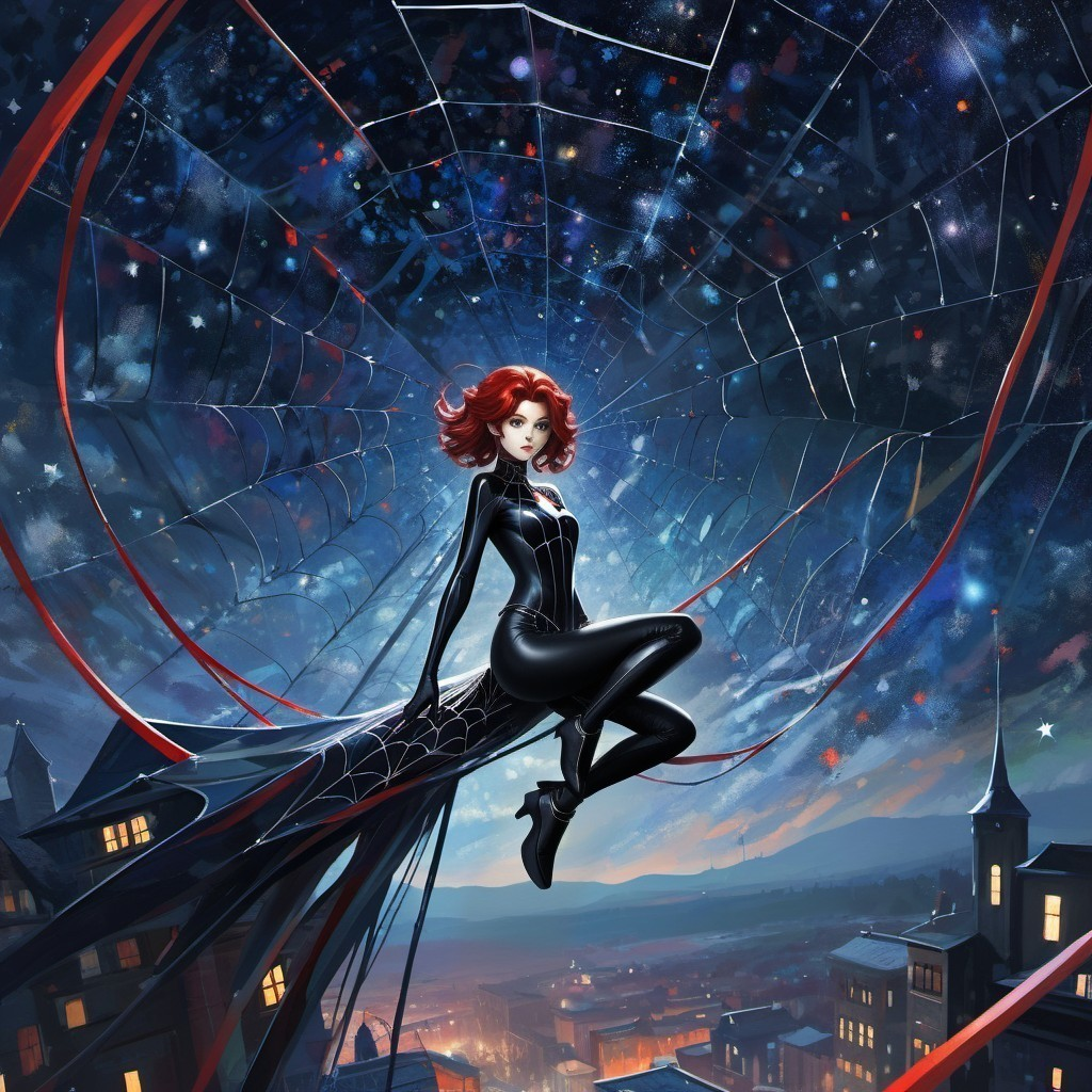 Stylized superhero in black suit on shimmering spider web