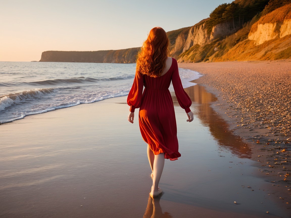 Woman in Red Dress on Serene Beach at Sunset