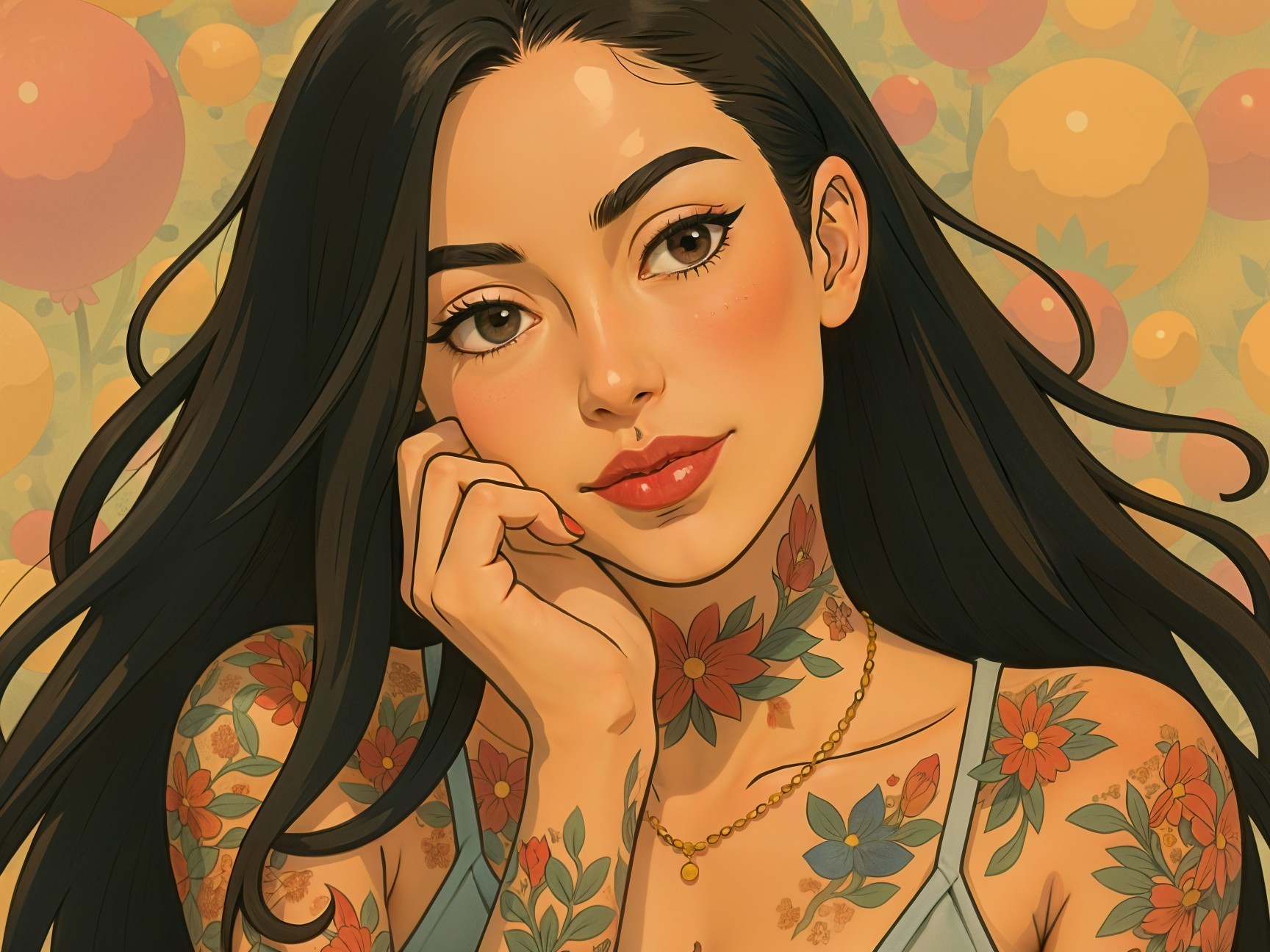 Young woman with floral tattoos and serene expression