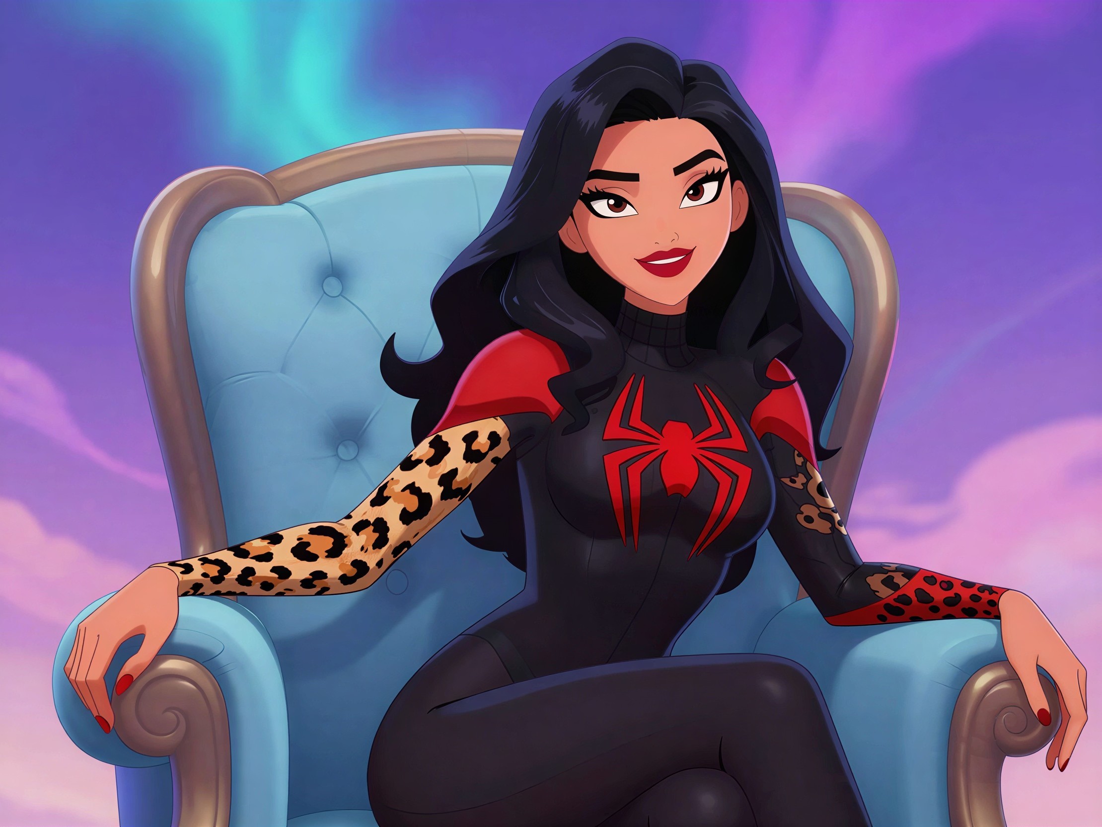 Animated woman in ornate armchair with aurora background