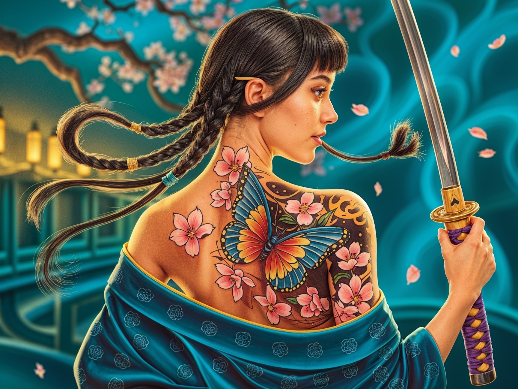 Woman with Tattoos, Katana, and Cherry Blossoms