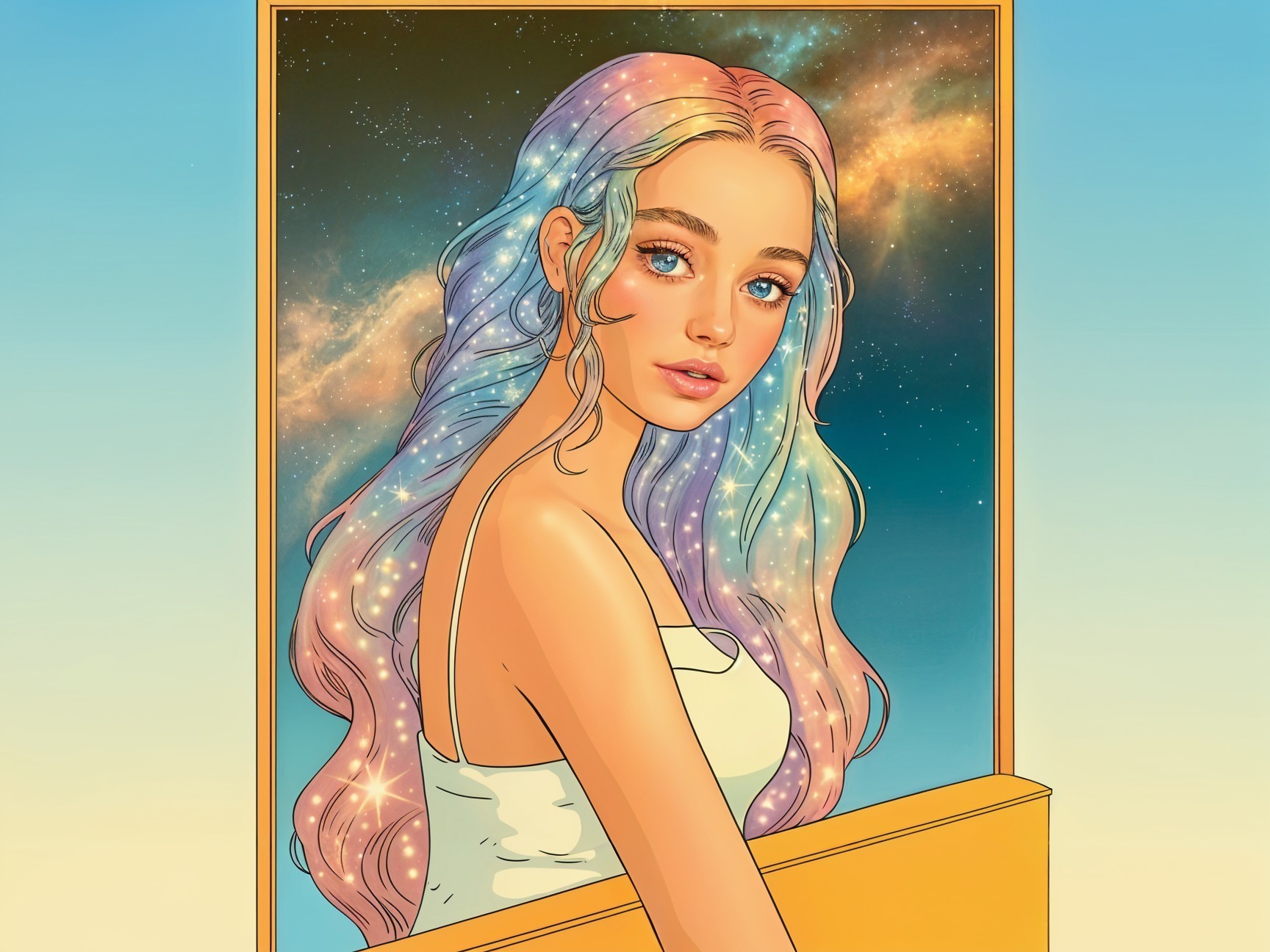 Young Woman with Pastel Hair in Cosmic Setting