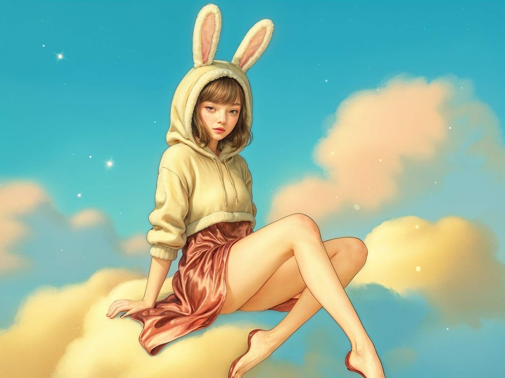 Young Woman on Fluffy Cloud in Bright Sky Scene
