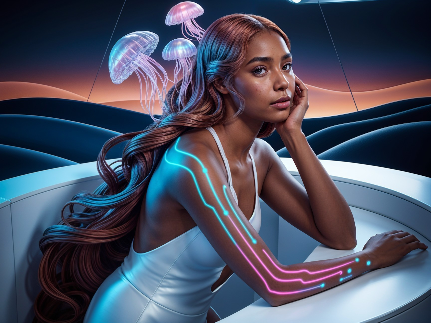 Futuristic Scene of Woman with Bioluminescent Jellyfish