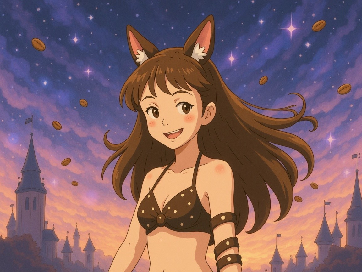 Smiling Girl with Cat Ears in Dreamy Twilight Sky