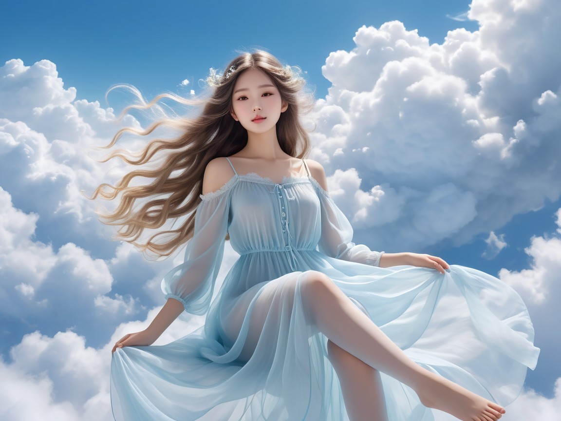Young woman in blue dress among fluffy clouds
