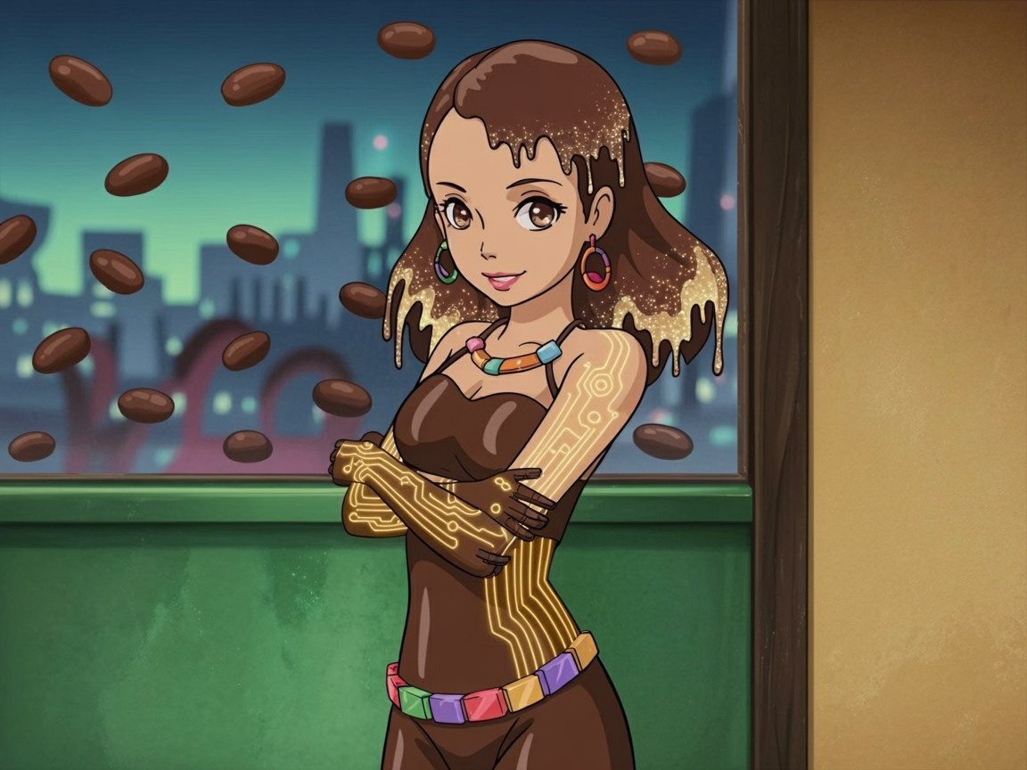Stylized animated character with chocolate-themed attire