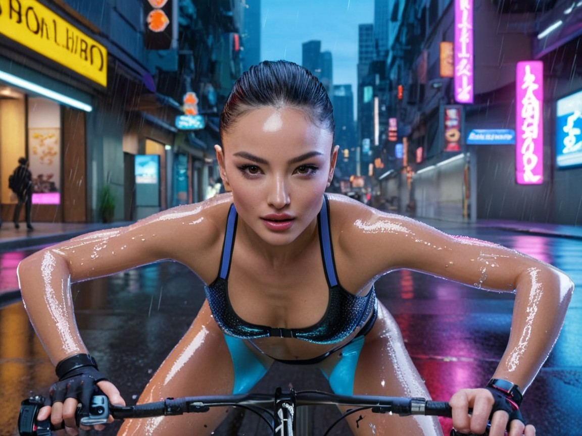 Female Cyclist in Futuristic Urban Neon Setting