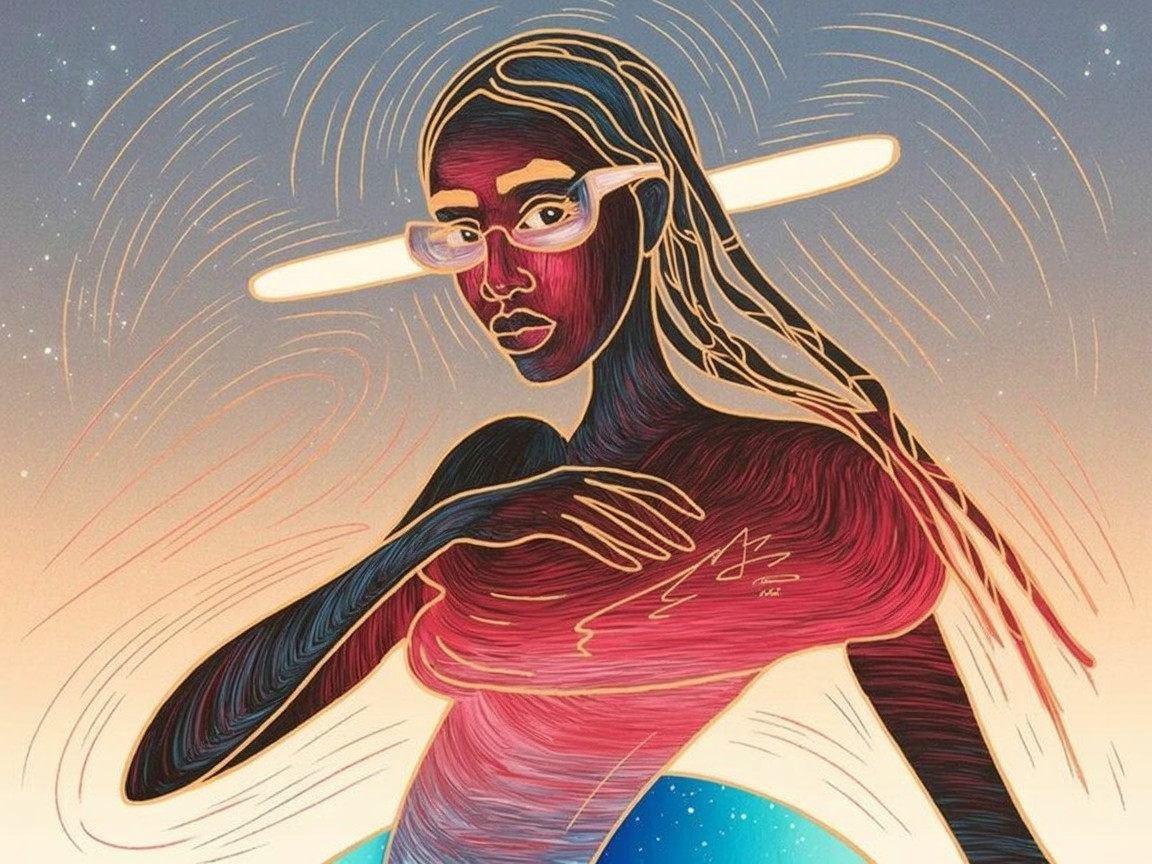 Stylized female figure with glowing glasses in motion