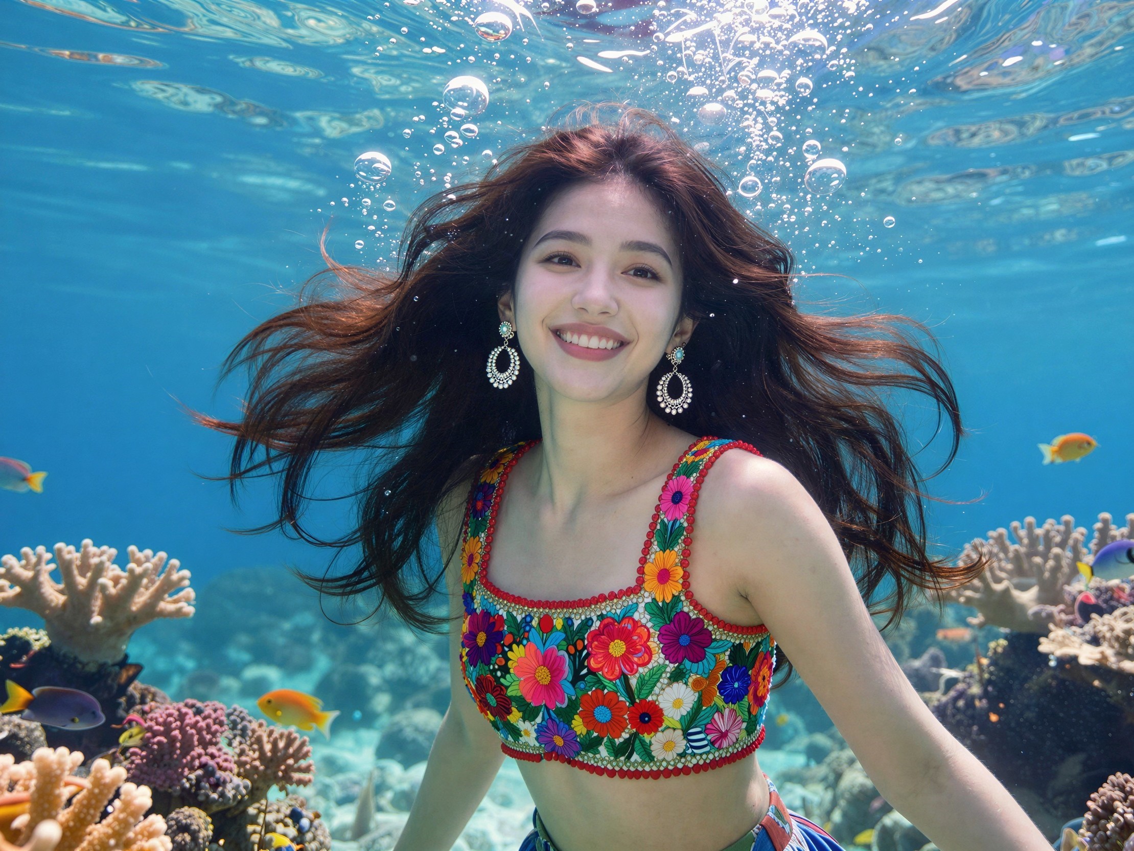 Young Woman Smiling Underwater with Coral Reef Background
