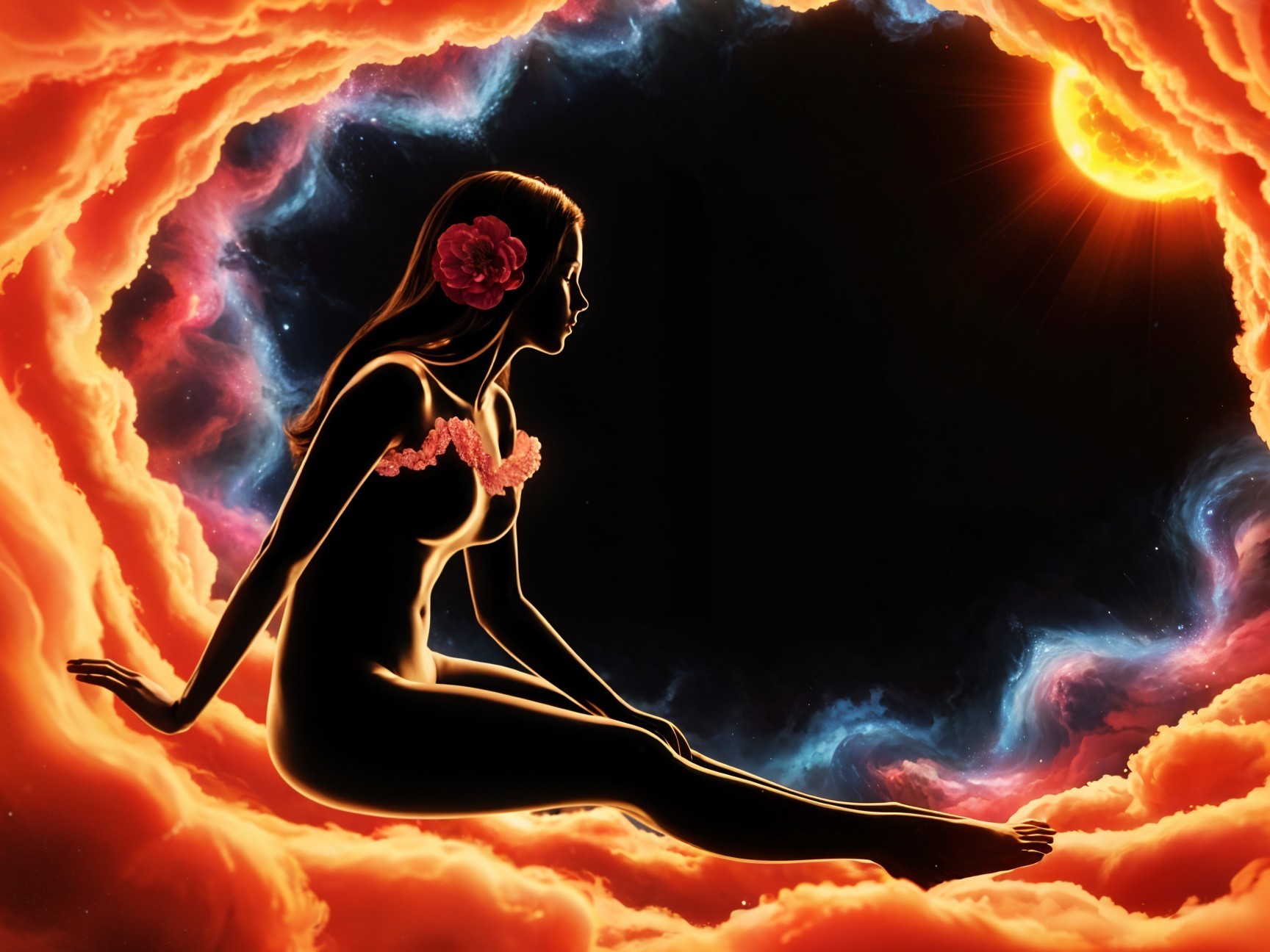 Silhouetted Woman in Cosmic Cloudscape with Flower