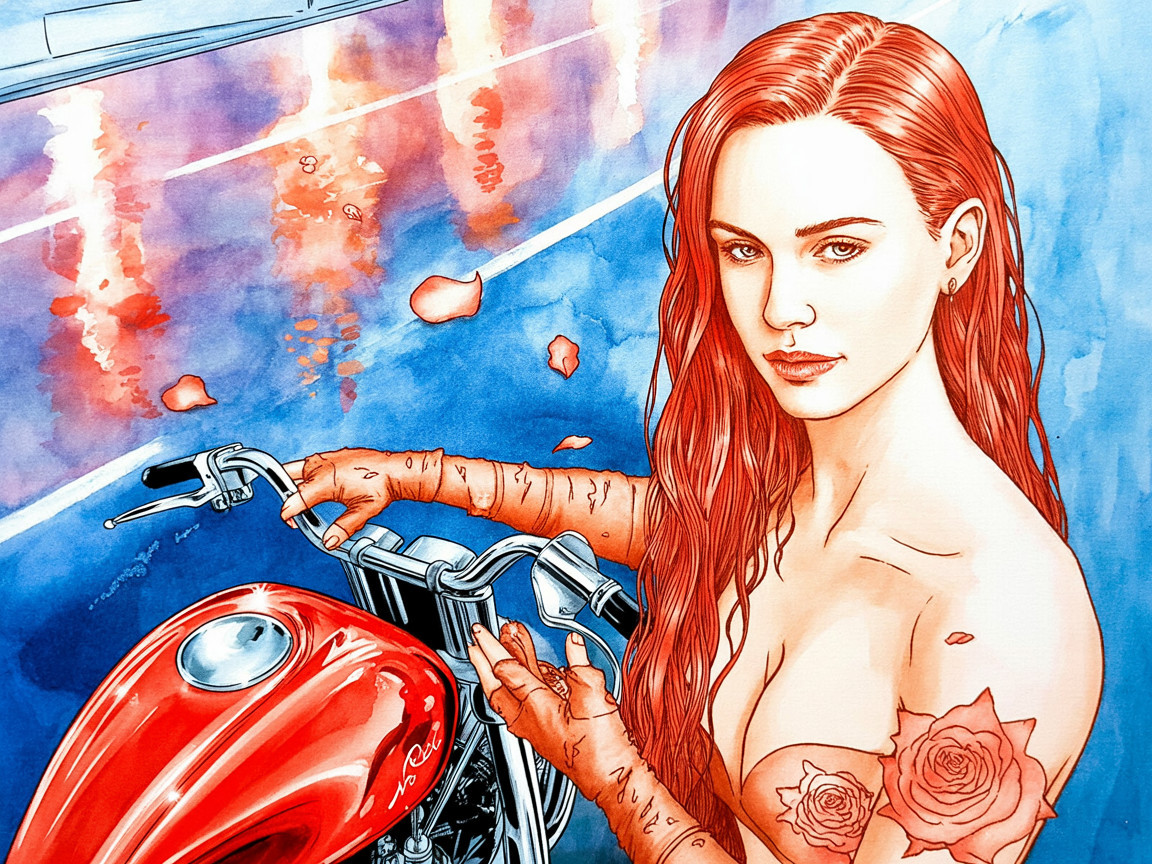 Woman with Red Hair on Motorcycle in Colorful Cityscape