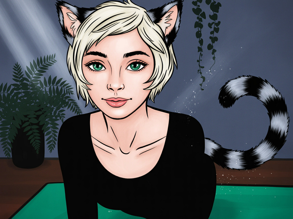 Stylized character with cat features in vibrant setting