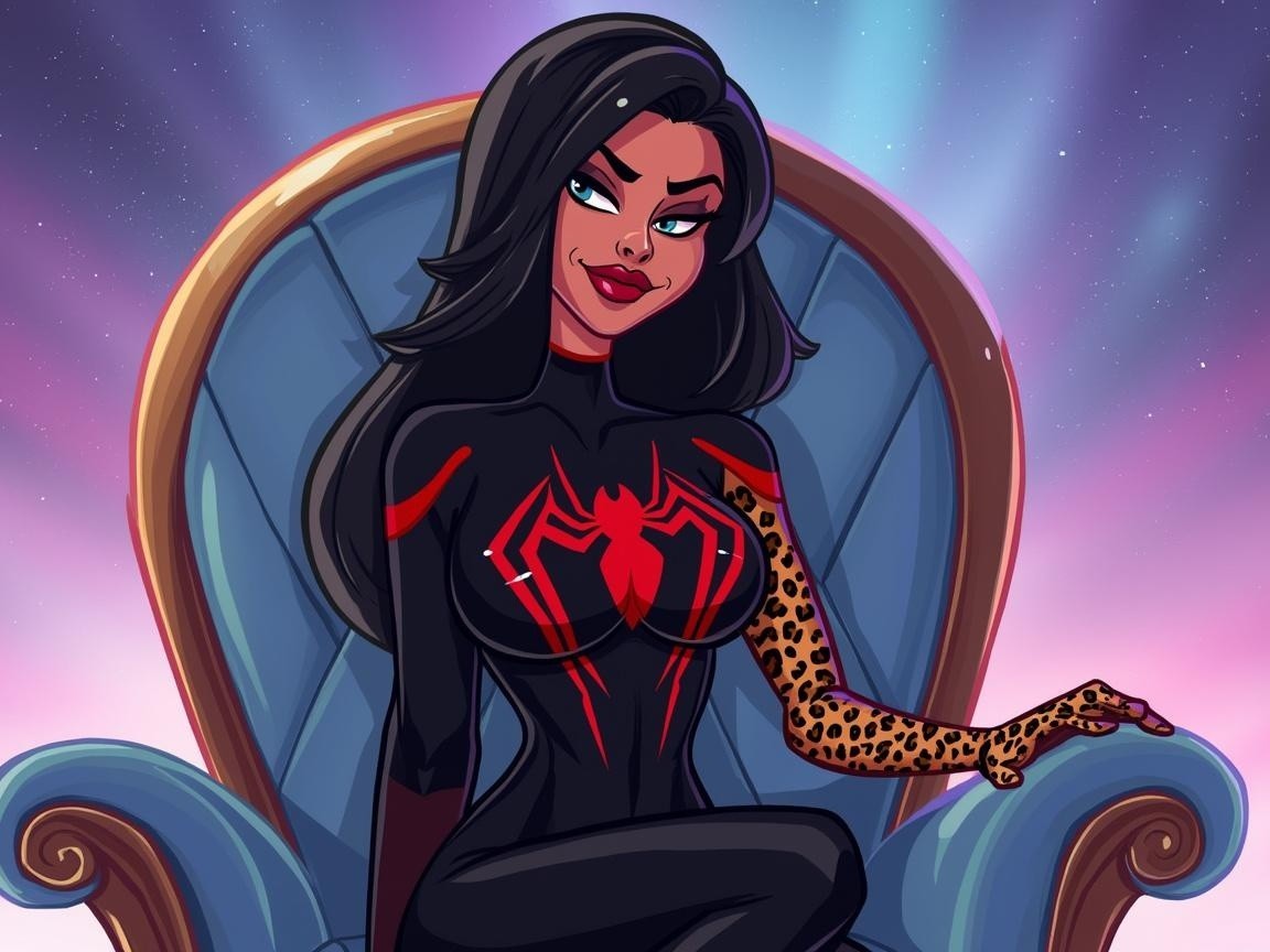 Stylized female character in black spider suit and chair