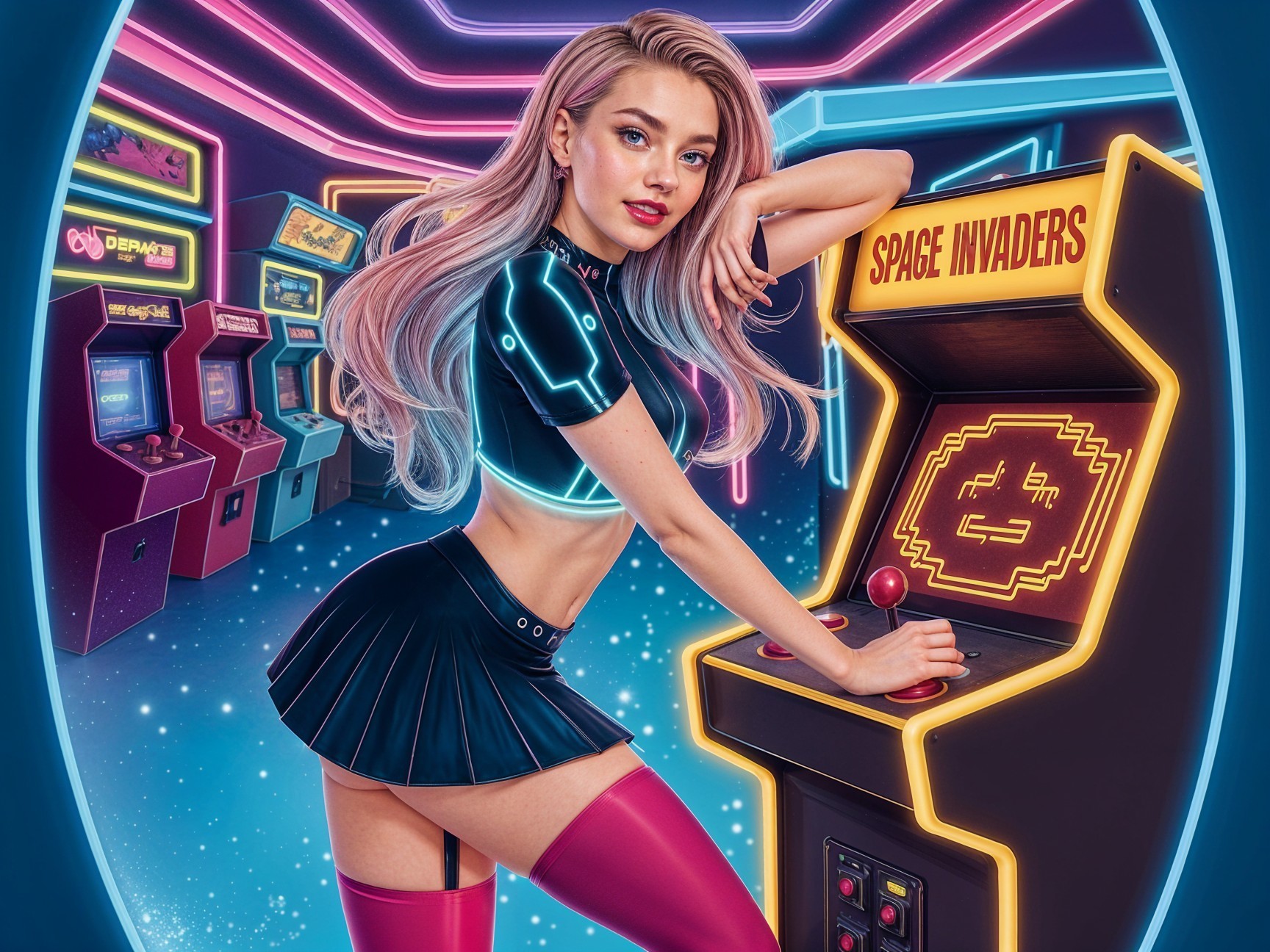 Young Woman in Futuristic Outfit by Arcade Machine