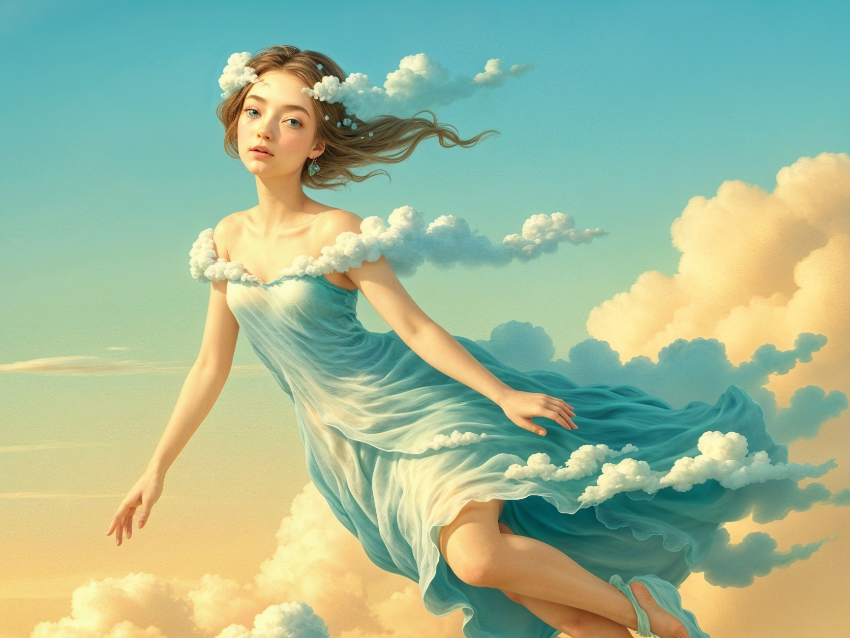 Young girl floating in a serene pastel sky scene