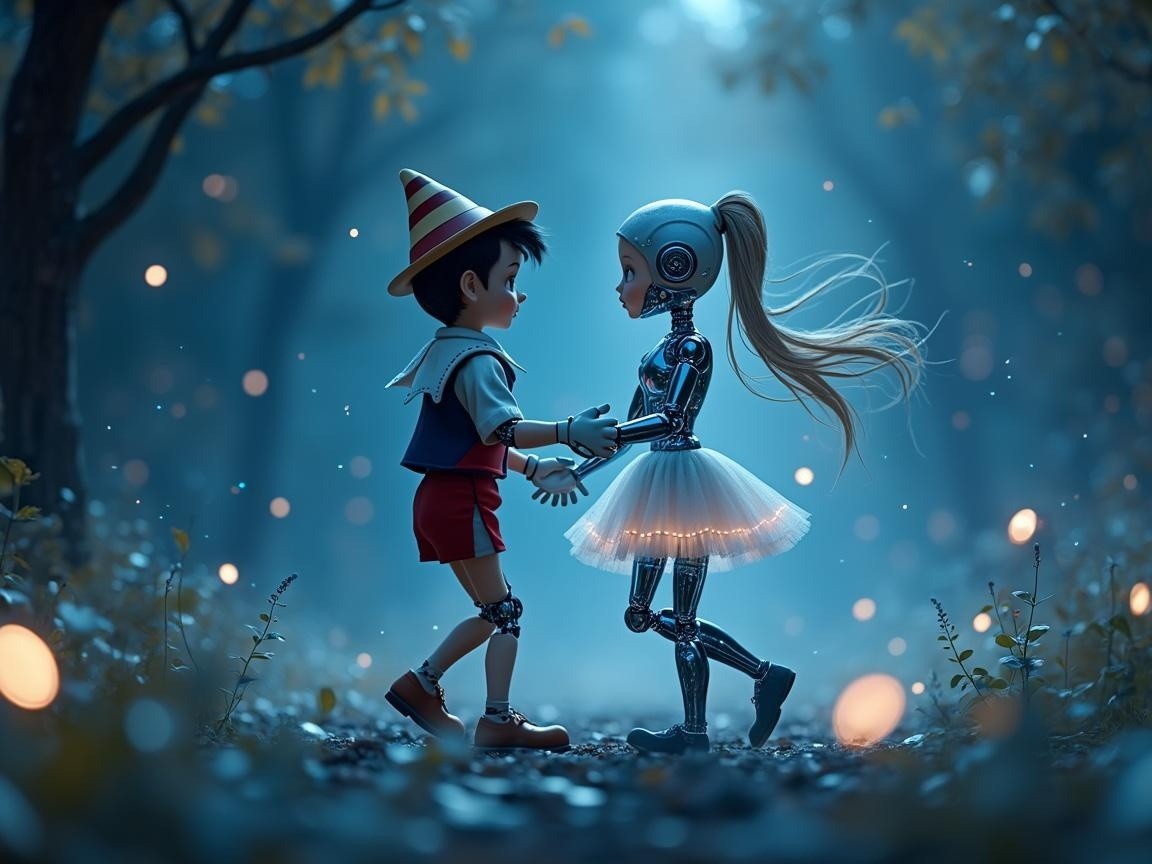 Whimsical Forest Scene with Boy and Robot Companion