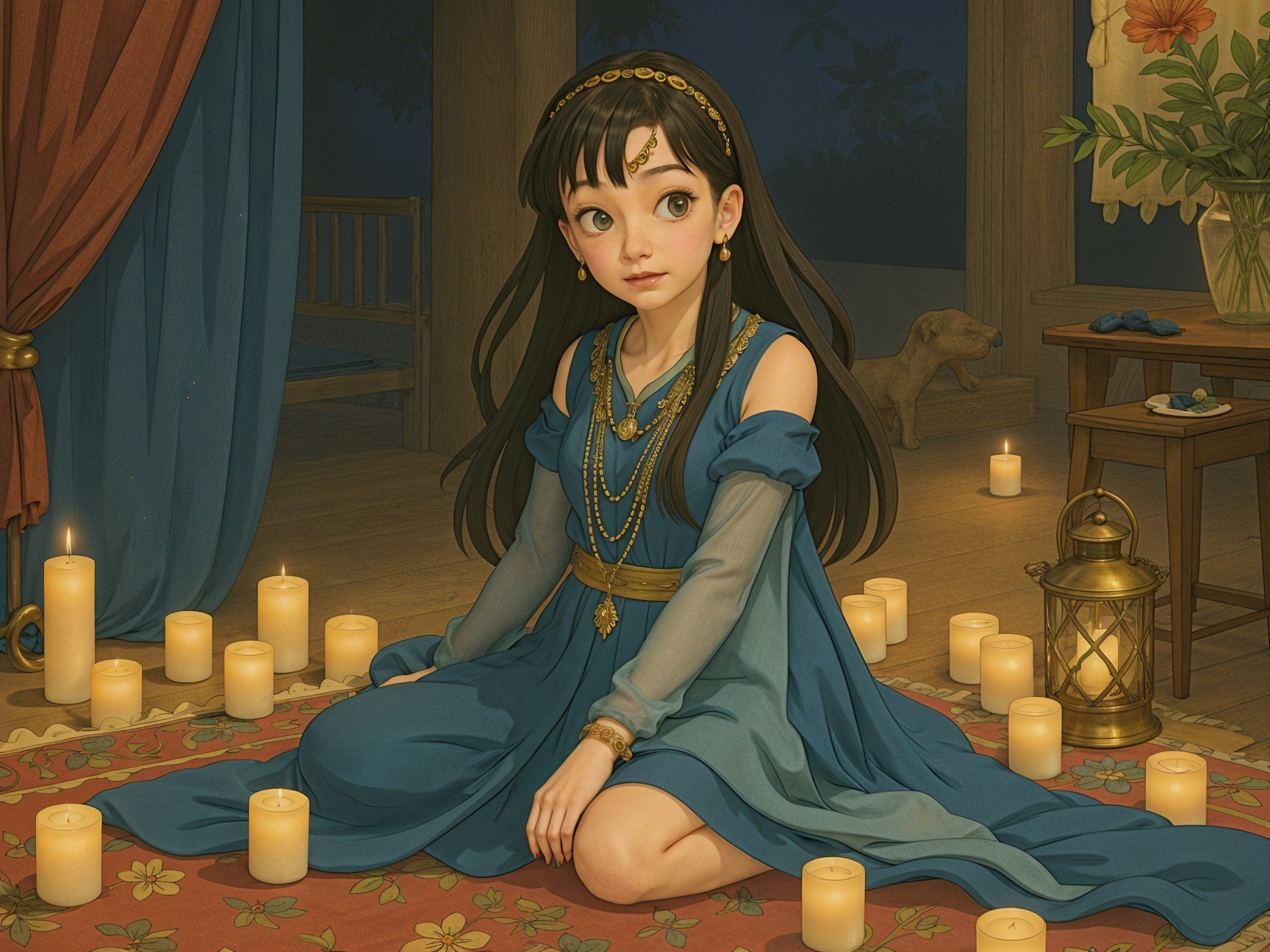 Young girl in blue dress on colorful rug with candles