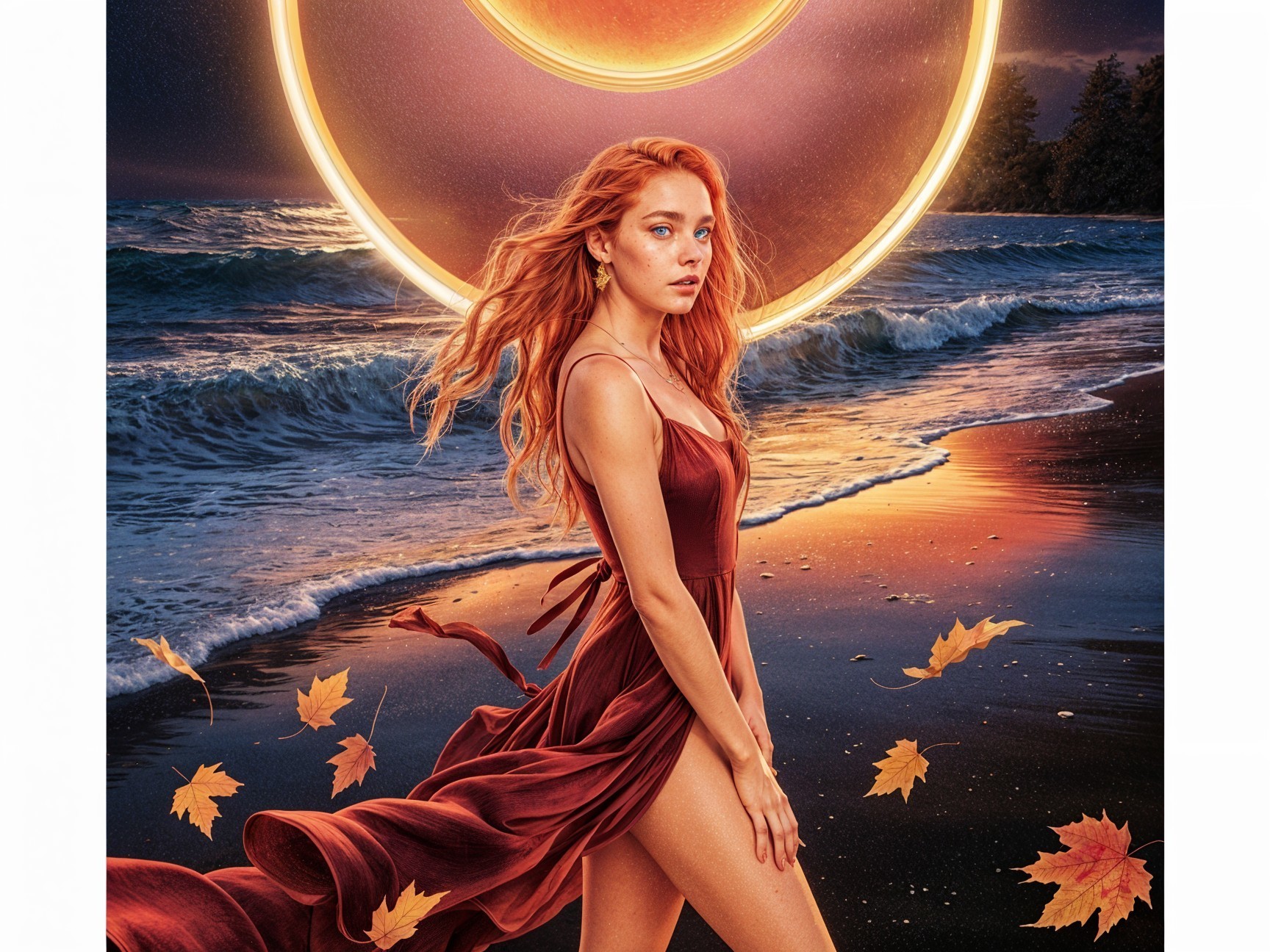 Woman in burgundy dress on beach at sunset