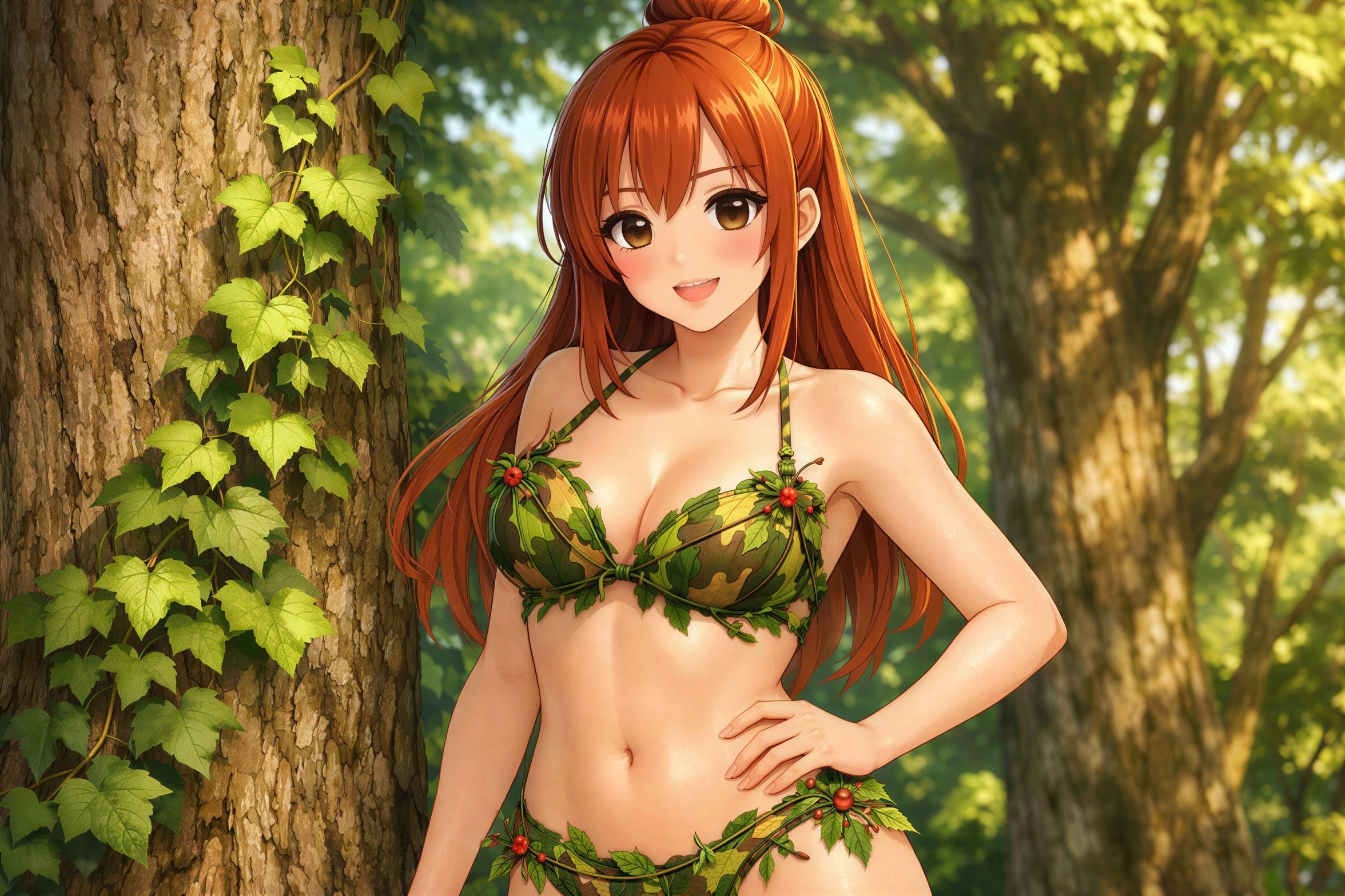 Smiling girl in leafy bikini in a forest setting