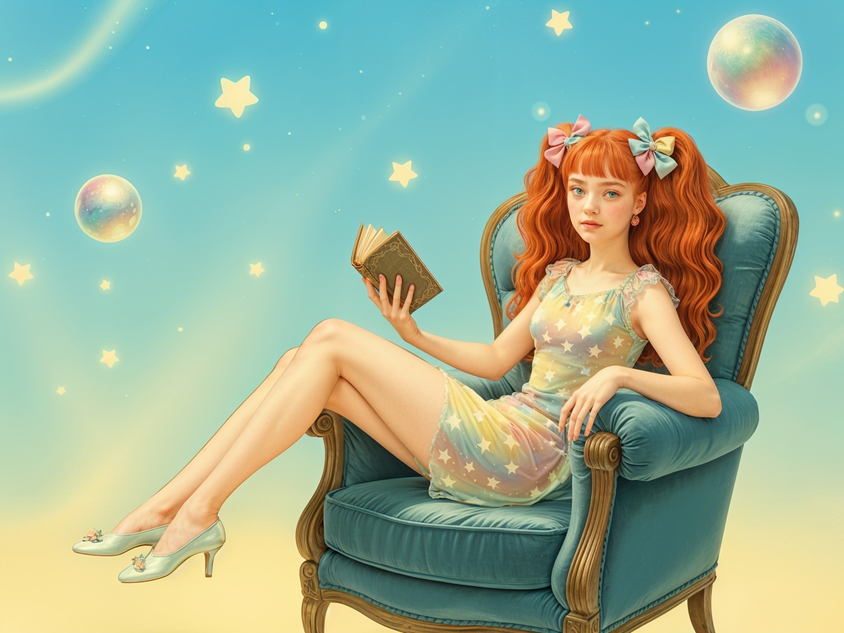 Young girl in vintage chair with whimsical background