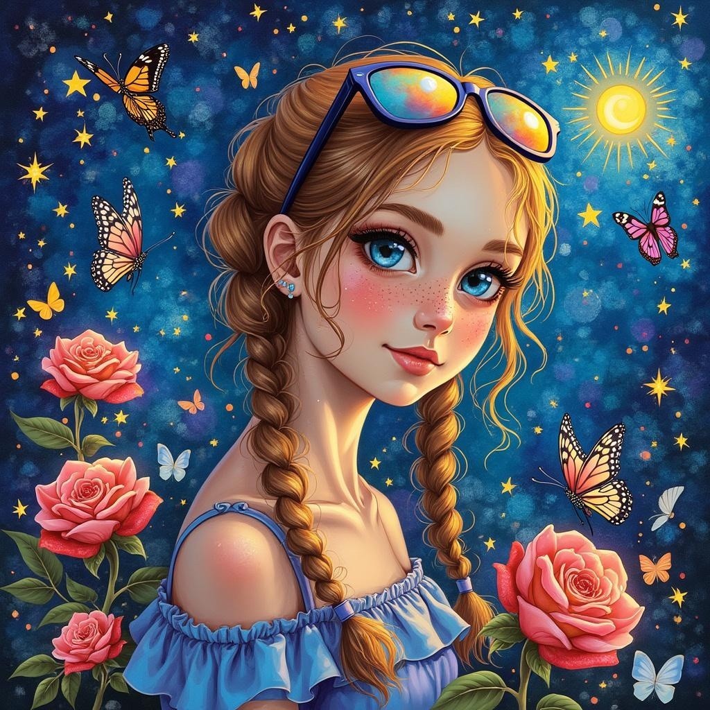 Girl with Braided Hair in a Colorful Floral Scene