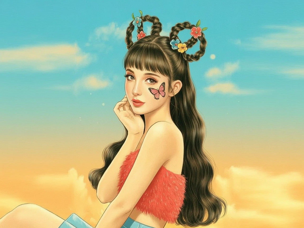 Young woman with pigtails against a vibrant sky