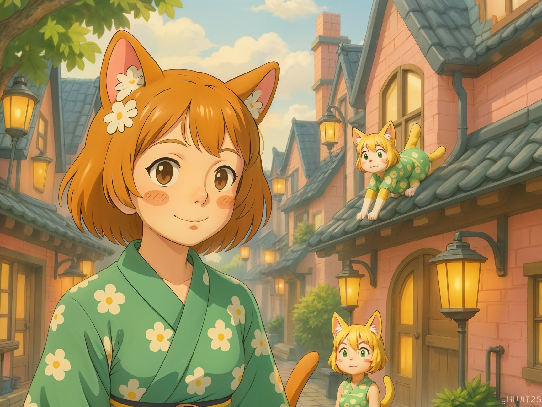 Charming Village Scene with Girls in Floral Kimonos