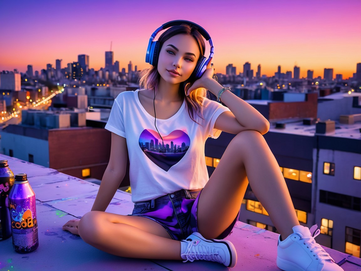 Young Woman on Rooftop with Sunset and City Lights