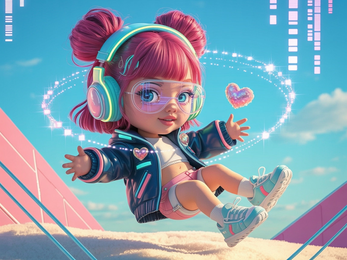 Animated girl with pink hair in a colorful setting