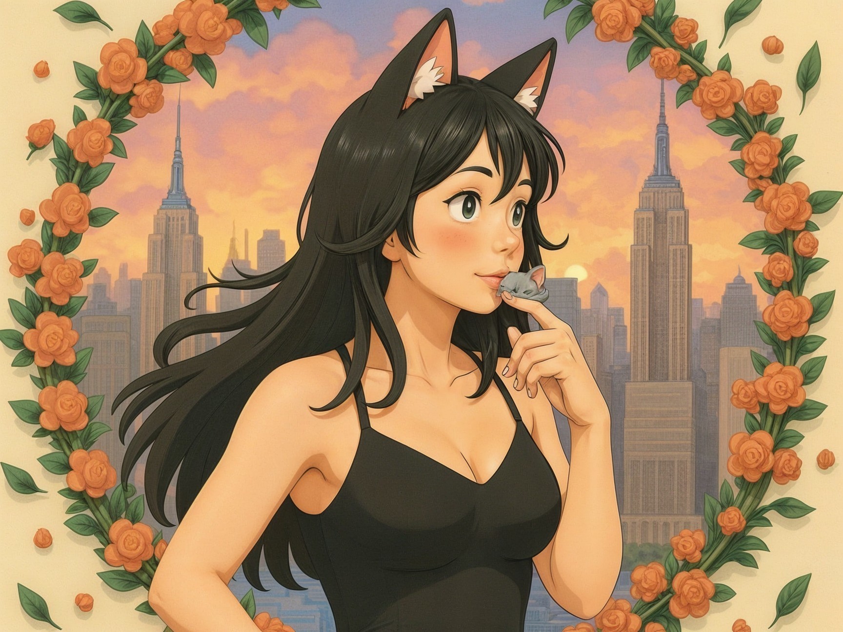 Young woman with cat ears holds mouse, city skyline backdrop