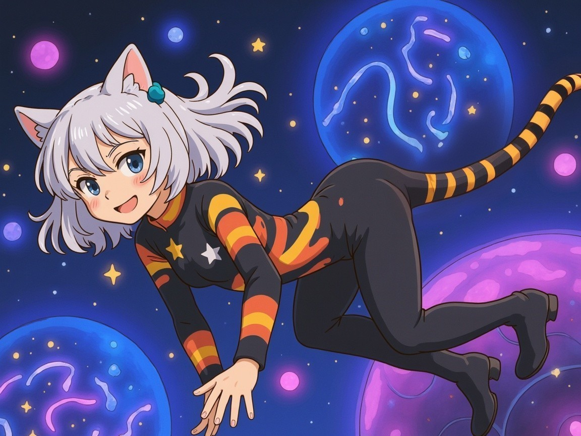 Playful Character with Cat Ears in Cosmic Setting