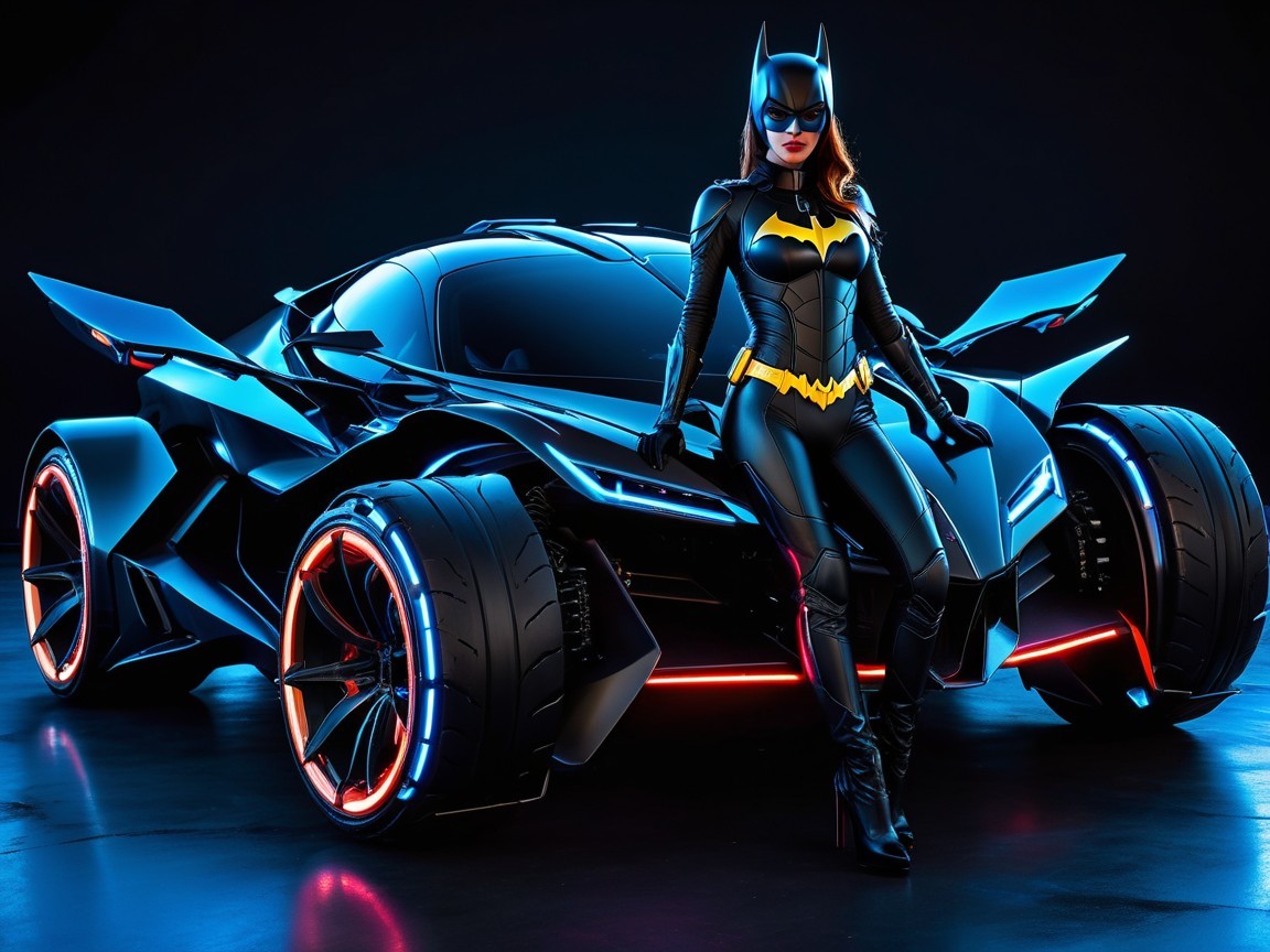 Futuristic Batmobile and Batgirl in Dark Setting