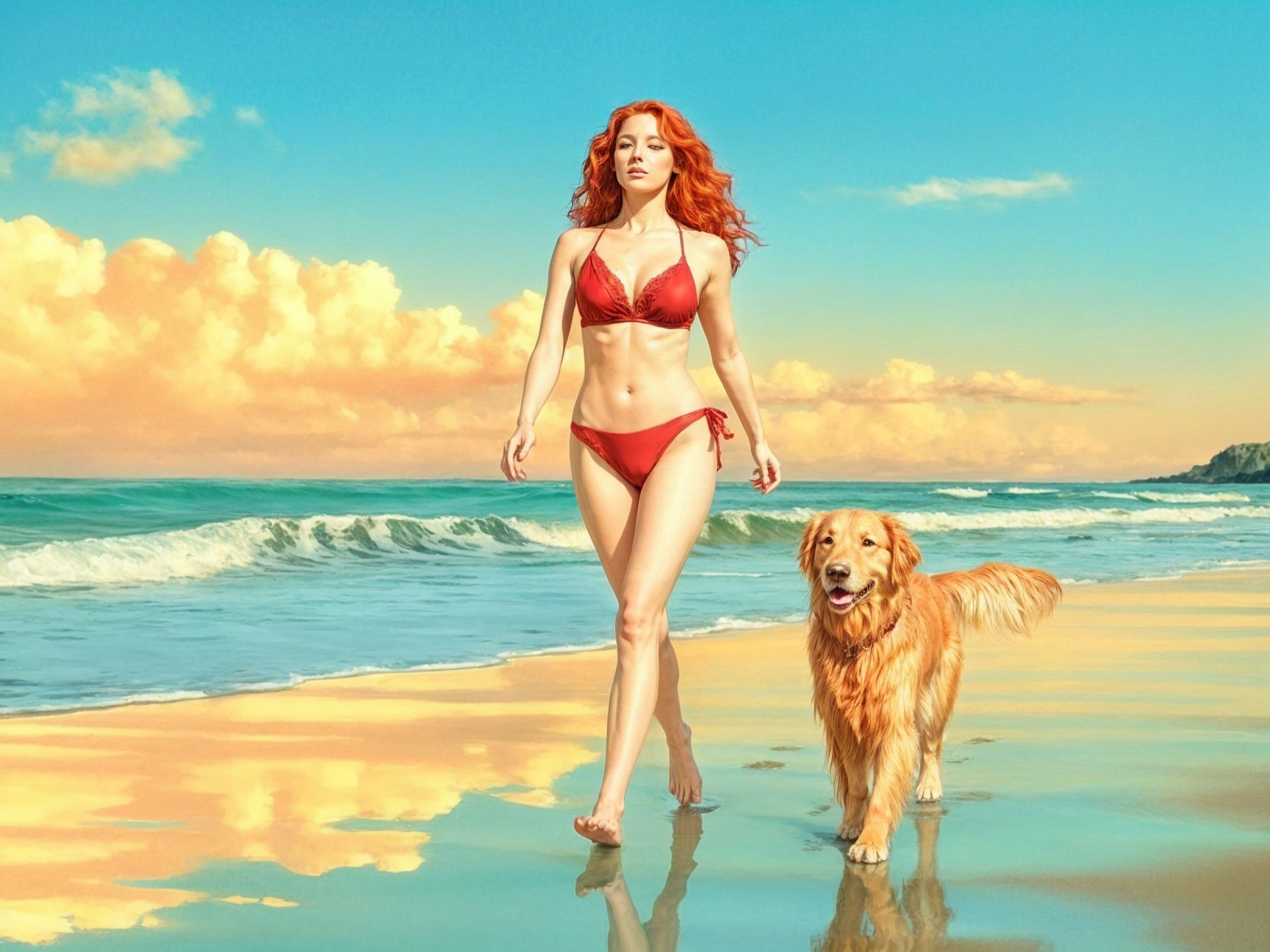 Woman in red bikini walks beach with golden retriever